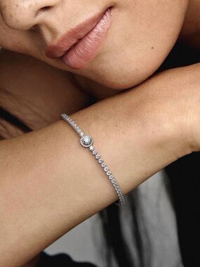 NWOT Authentic Pandora Silver-Tone Tennis Bracelet with Center Halo Crystal
